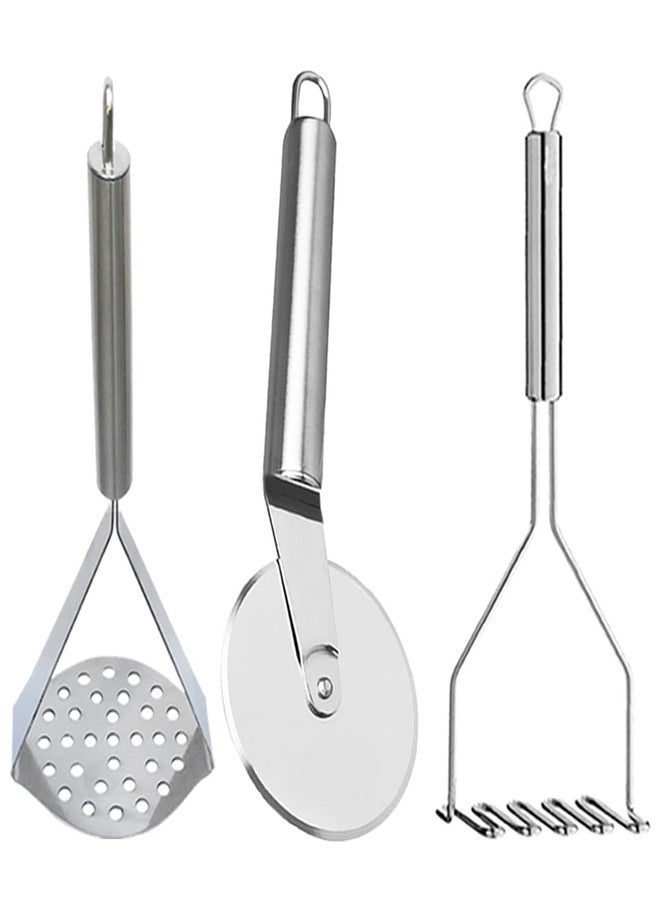 Oc9 Stainless Steel Wheel Pizza Cutter & 2 Vegetable Masher/Pav Bhaji Masher/Potato Masher for Silver Kitchen Tool Set - Image 1